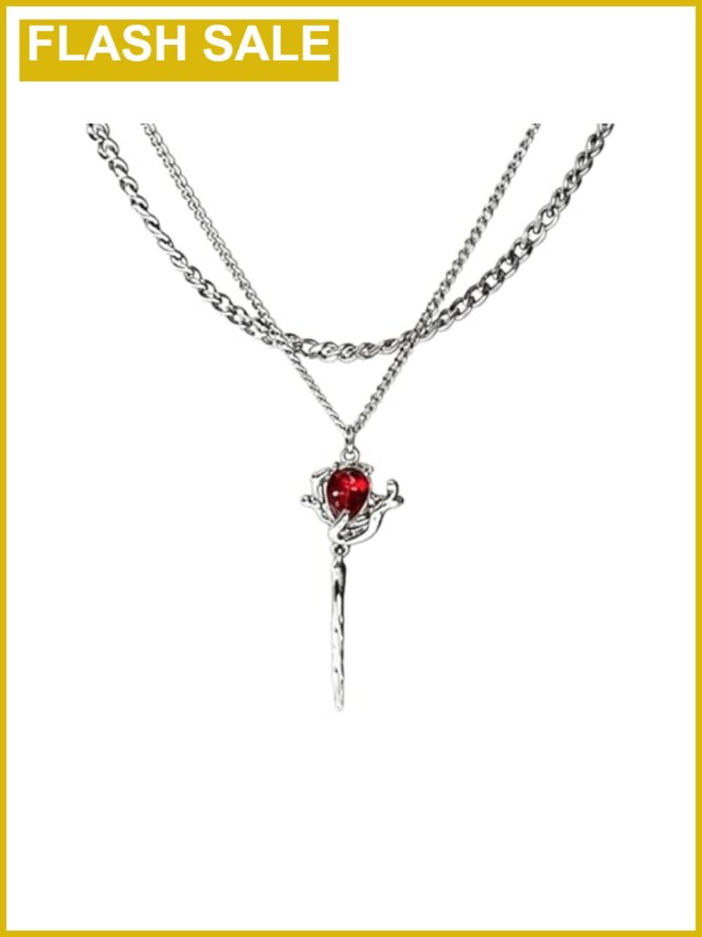 Layered Silver Tone Chain Necklace with Red Crystal Pendant, Double Chain